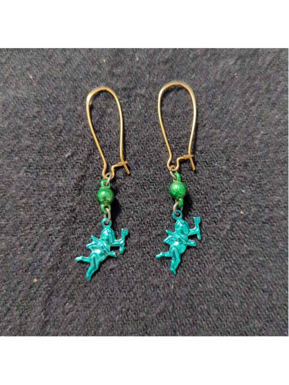 Gold Tone Green and Teal Cupid Drop Dangle Statement Earrings